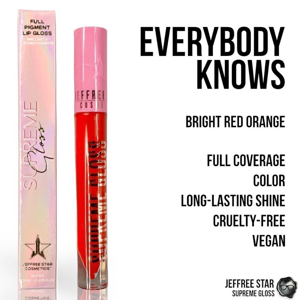JEFFREE STAR EVERYBODY KNOWS SUPREME GLOSS FULL PIGMENT LIP COLOR IN RED ORANGE